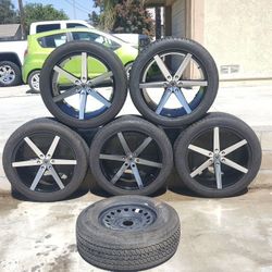 5 full size 22" Borgini rims W/Maxtrek 285/45 R22 tires, plus 1 Ameritrak General P245/70 R17 as a second spare,