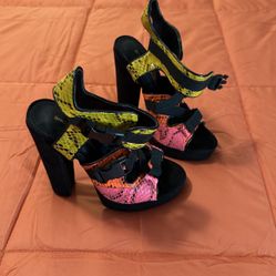Black With Yellow Orange & Pink Snake Print Heels
