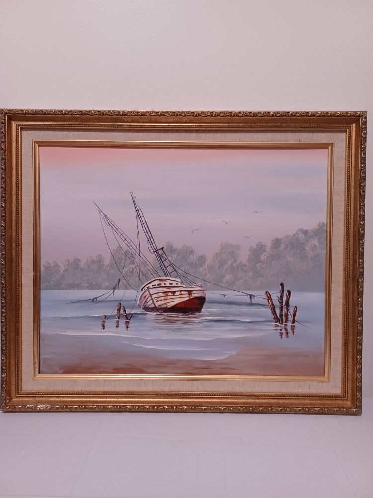 Framed Sailboat Oil On Canvas Painting 20'x24'