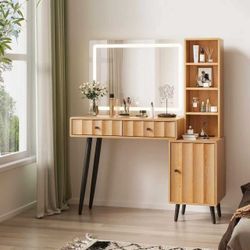 Large Makeup Vanity with Lighted Mirror, 2 Drawers, Cabinet & Power Outlet,Natural Oak