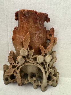 antique Chinese hand carved floral soapstone vase
