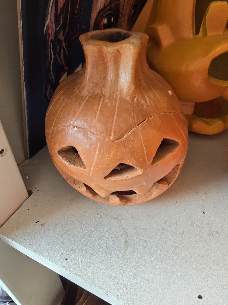 HALLOWEEN 🎃 TERRA COTTA JACK O LANTERN CANDLE HOLDER VINTAGE 