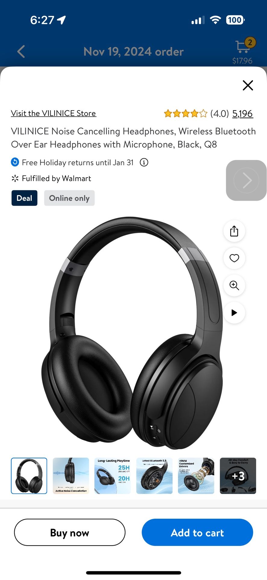 VILINICE Noise Cancelling Headphones, Wireless Bluetooth Over Ear Headphones with Microphone, Black, Q8
