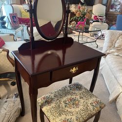 Wooden cherry vanity with stool