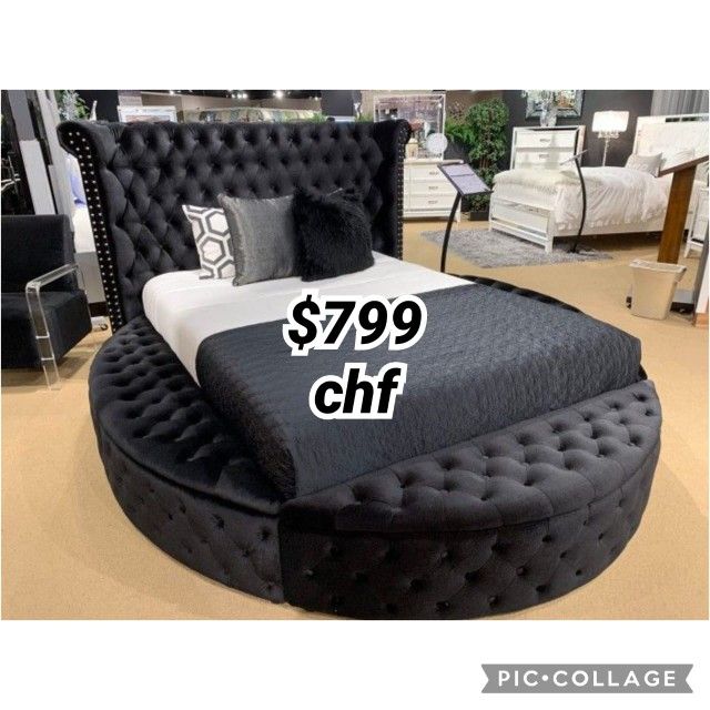 Black / Gray Velvet Queen Size Round Storage Bed Frame