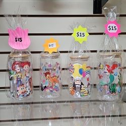 Glass Cup With Bambu Lid. Disney Toy Story Little Mermaid And UP 