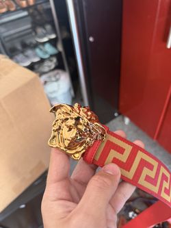 Authentic Versace Red Greca Belt with Gold Medusa Buckle