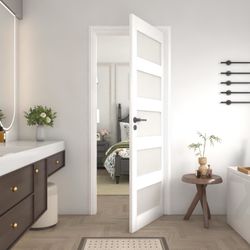   30"x 80" Interior Slab Door, 5-Lite Glass French Door Slab, Pre-Assembled White Primed Solid Core Panel w/o Prehung Jamb, for Pantry Closet