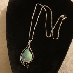 Sterling Silver 925 Necklace With  Greenish Colored Metallic Pendant 