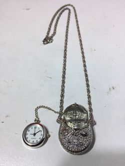 Silver Plated Bag and Clock Charm Pendent Necklace