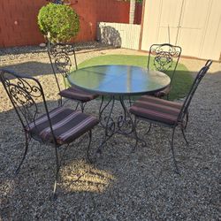 Vintage Wrought Iron Glass Top Table, 4 Chairs