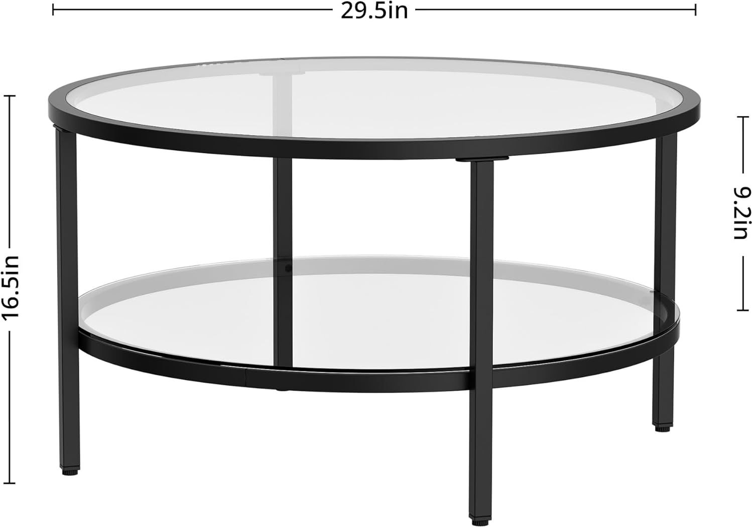 Black Glass Coffee Table, 29.5 Inch Round Modern Coffee Table, 2-Tier Round Glass Coffee Table for Living Room, 29.5" D x 16.5" H