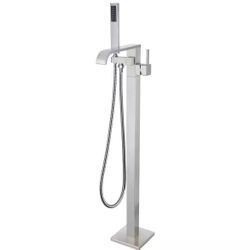1-Handle Freestanding Floor Mount Tub Faucet Bathtub Filler with Hand Shower in BRUSHED NICKEL