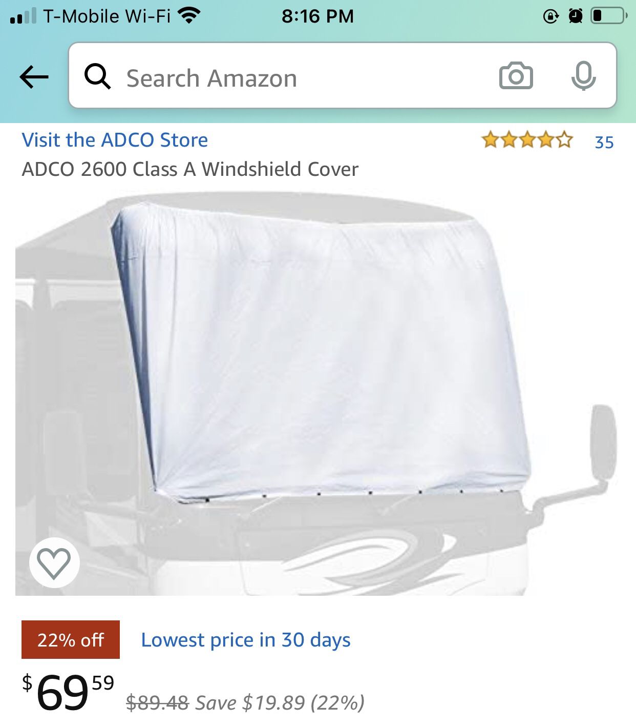 Adco DuPont Tyvek RV Windshield Cover for Class A Motorhome