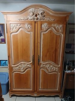 French Provincial Wood Armoire Wardrobe Cabinet