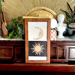 Sun Moon Celestial Art Canvas Print Checker Background Wood Framed Wall Art Boho 12.5x23”