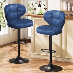 A pair of blue adjustable height bar stools