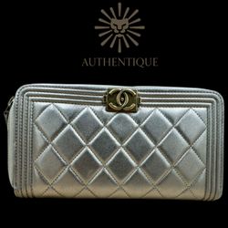 Chanel Boy Zip Around Quilted Metallic Gold Leather Continental Wallet