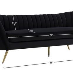  Contemporary Velvet Upholstered Sofa with Deep Channel Tufting and Rich Gold Stainless Steel Legs, Black, 88" W x 30" D x 33" H