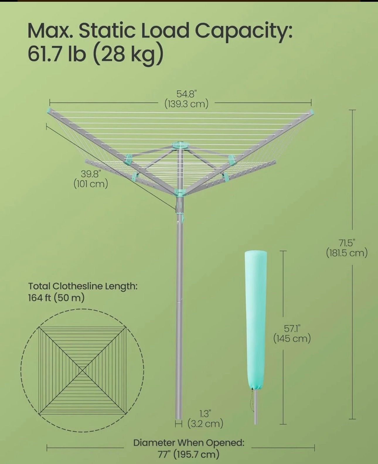 SONGMICS Umbrella Clothesline Rotary Washing Line Foldable Heavy-Duty Outdoor Clothes Drying Rack