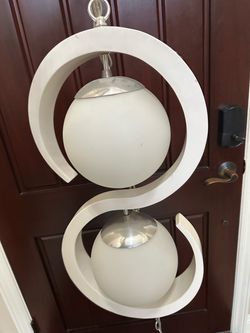 Mid Century Modern Double Globe Pendant Light White Wood & Glass Plug In