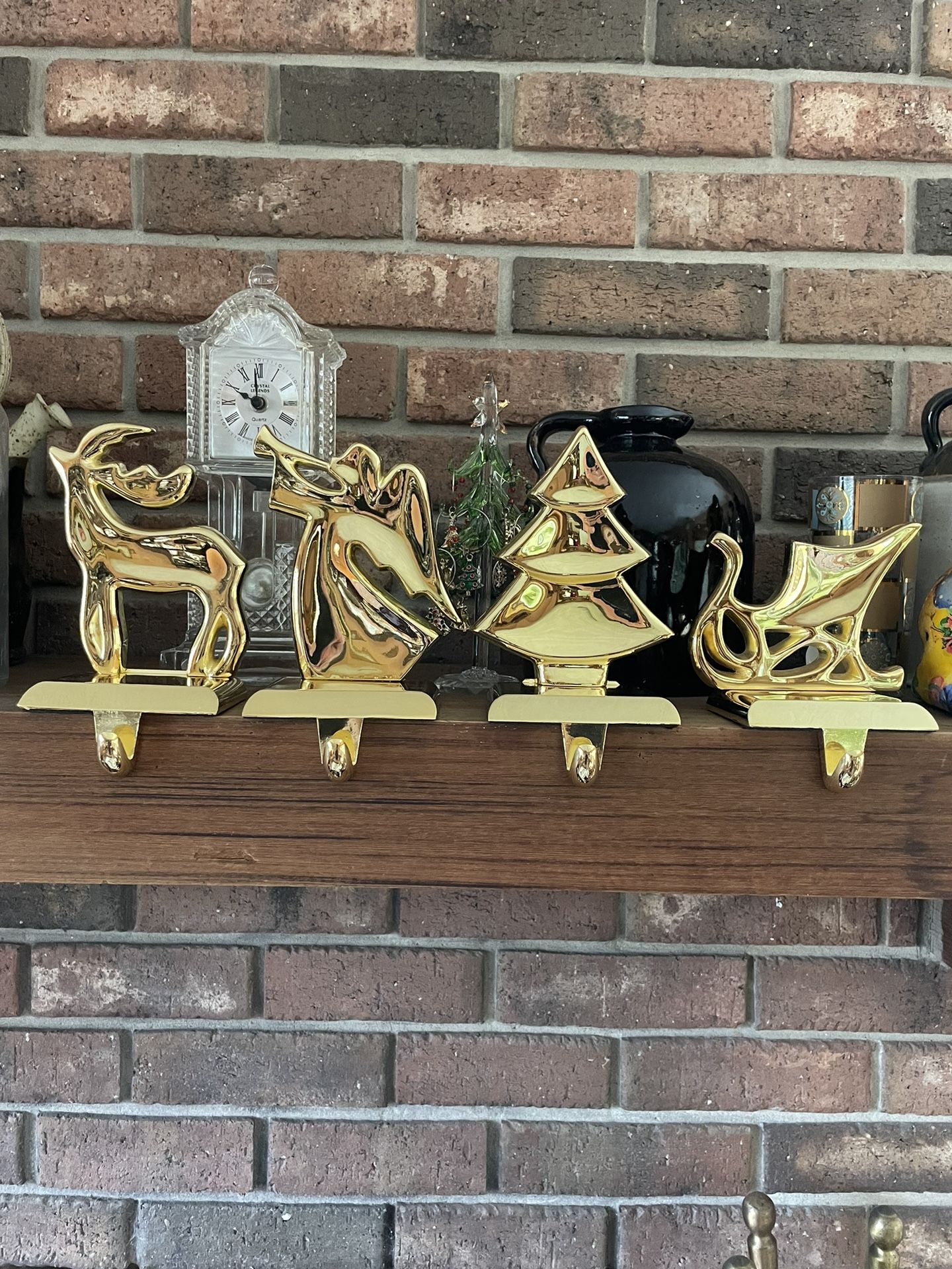 4 Vintage Brass Stocking Hangers Holders Christmas Tree Reindeer Sleigh Angel