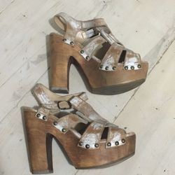 Bed Stu Bedstu sz 7.5 Melissa nectar leather platform wood heels sandals wedding bridal bride hippie bohemian festival