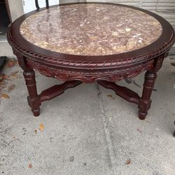 Mahogany Wood & Marble Top Table 35” Across 17.5” Tall
