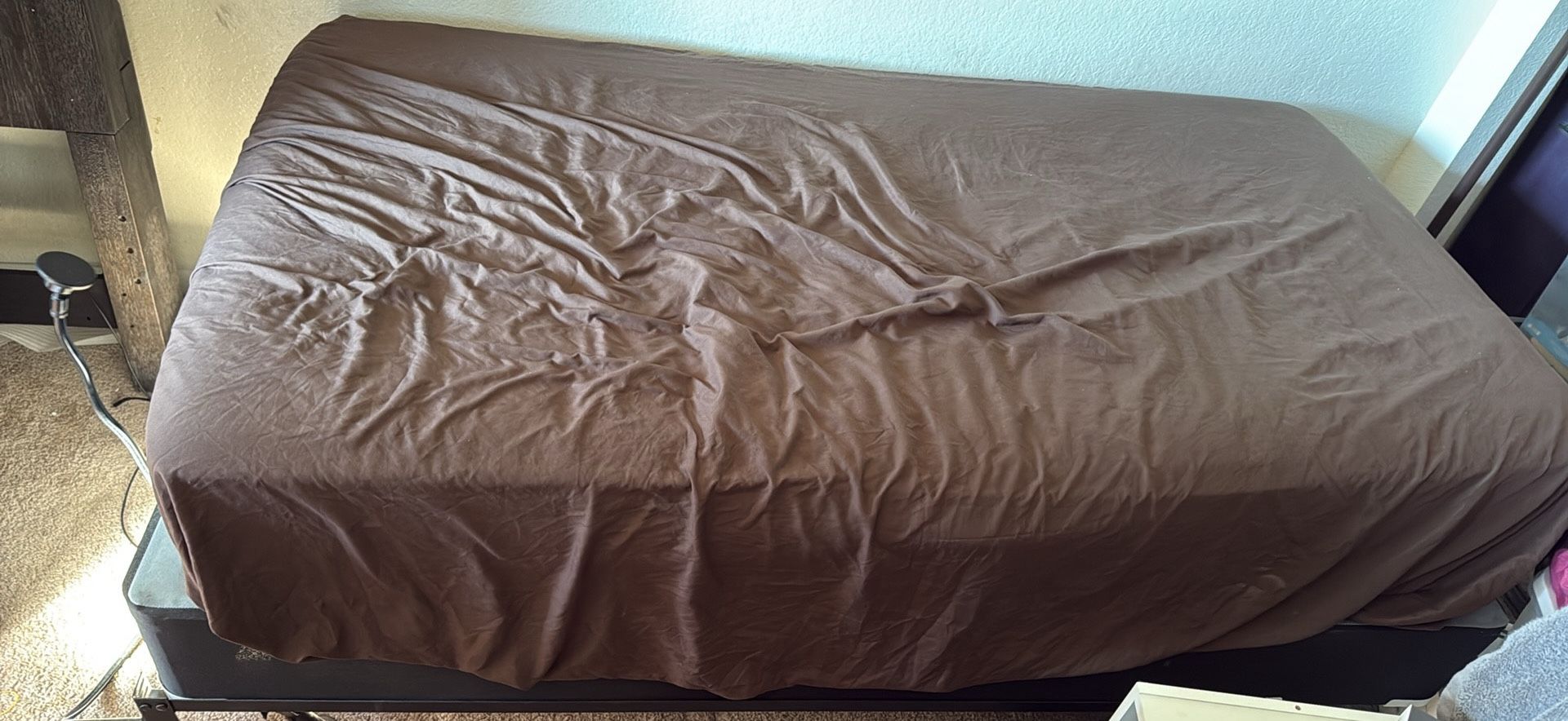Bed frame, sealy twin mattress, box spring, fitted sheet, and waterproof fitted sheet
