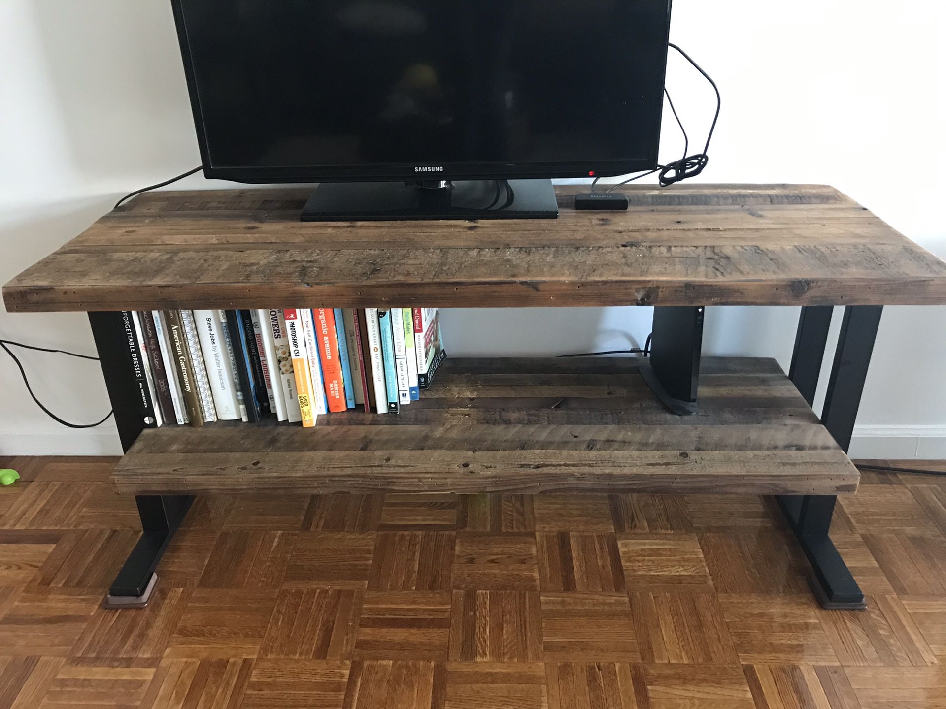 Reclaimed wood and iron TV stand