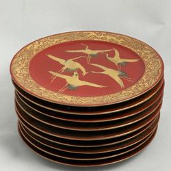 Antique Japanese Red Lacquer Wood Plate Cranes(7 in), 9 plates