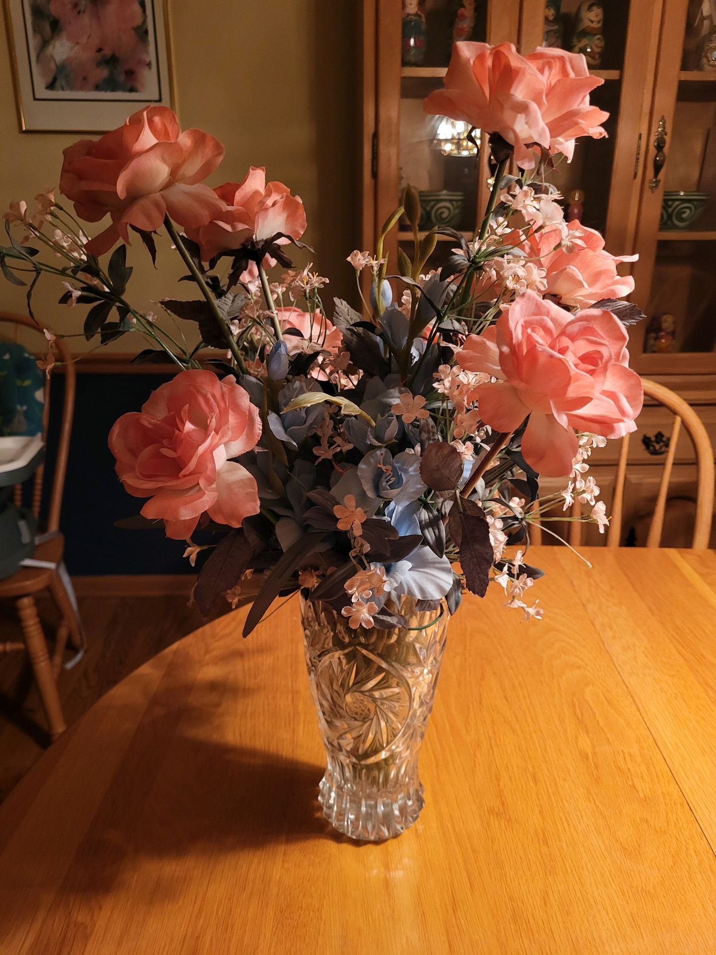 Flower Arrangement In Crystal Vase.  Vase Is 9.5” Tall. Total Arrangement  Is 24” Tall