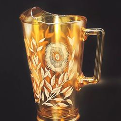 Vintage JEANETTE Iridescent Marigold Carnival Glass Pitcher White Cosmos Design