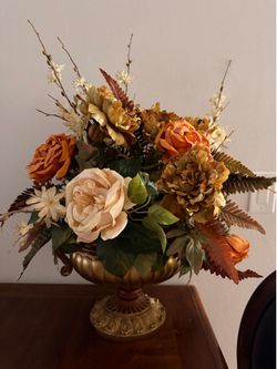 Large Decorative Floral Arrangement in Gold Urn