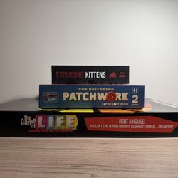 Board Game Bundle: Game of Life Quarter Life Crisis + Patchwork Americana + Exploding Kittens NSFW