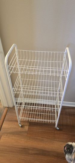 White Metal 4-Tier Storage Basket Rack – Rolling