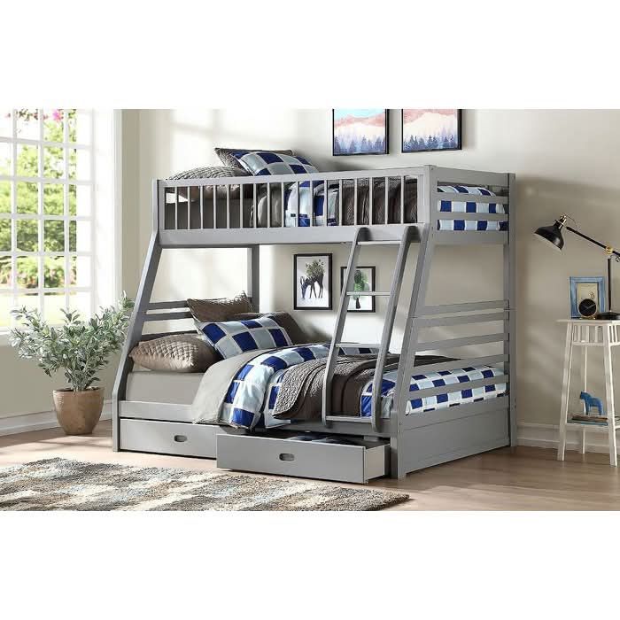 Twin Over Full Gray Wooden Bunk Bed with Storage Drawers – Mission Style Solid Pine Kids, Bed Frame
