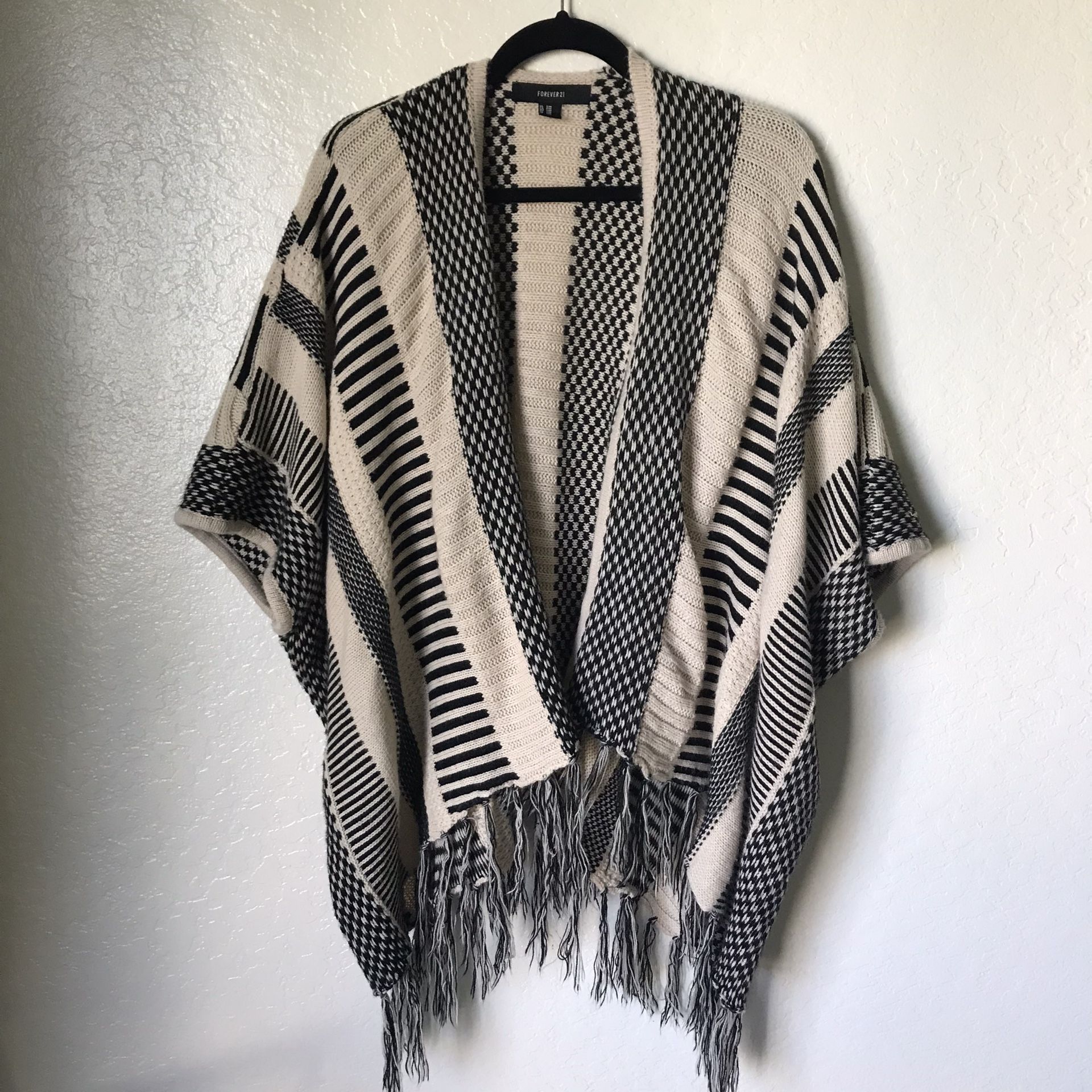Cream And Black Fringe Poncho