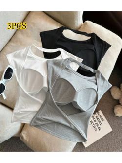 3pcs Women'S Retro Backless S Tank with Built-In Bra Pads 