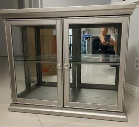 Silver-Finish Wood Glass Display Floor Cabinet – Mirrored Interior