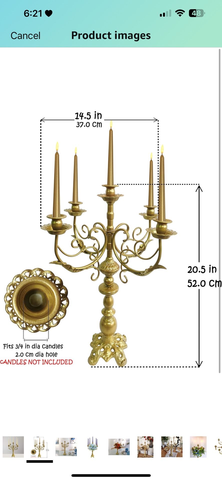 Metal Candelabra - 5 Arms Candle Holders - Candlestick Holders for 1/2-1 inch Taper Candles, 17Inch Tall (Gold)