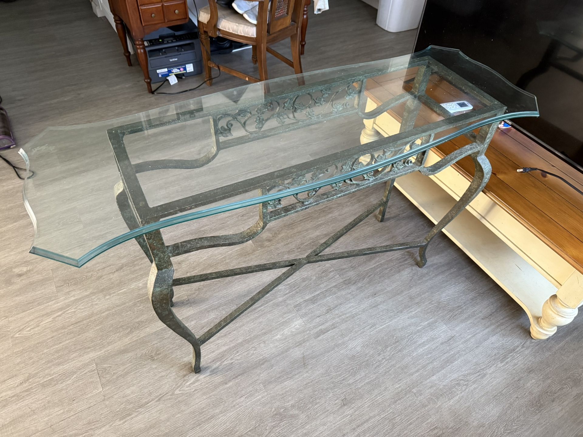 Cast Iron Glass Top Sofa Table Heavy Scallop Edged Glass Console