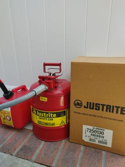 Justrite 5 gal Type II Metal Gas Cans and 1 Midwest 2 gal Plastic Can For Sale