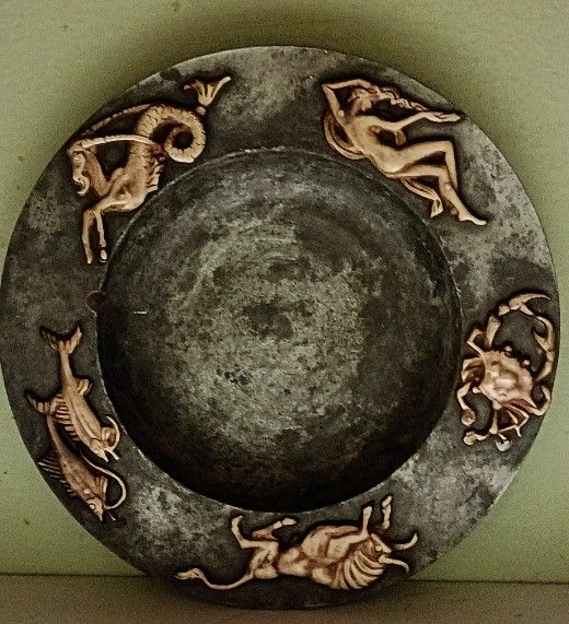 Antique Pewter Dish With Brass Zodiac Symbols