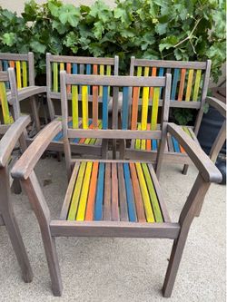 5 refinished teke wood patio chairs