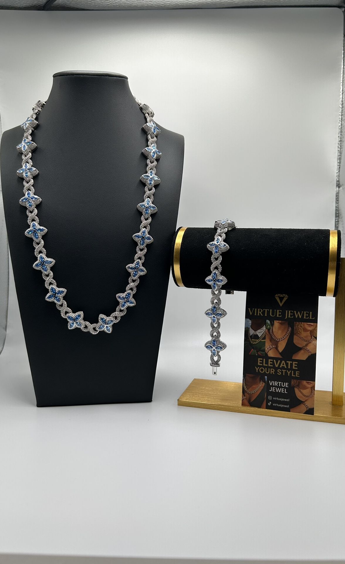 Flower 4 Leaf Clover Iced Out Premium Quality Chains & Bracelet Silver Blue