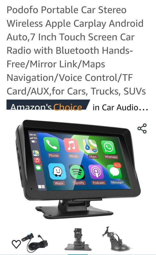 Portable Car Stereo Wireless Apple Carplay Android Auto,7 Inch