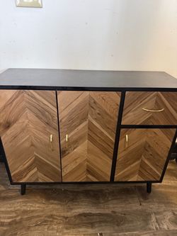 Wood Chevron Sideboard Cabinet with Gold Handles