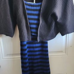 Blue + Black striped knit dress by  1045 Park for Jr size small which is a 3-5 I believe. Comes with a black knit vest, short sleeves. The very top el