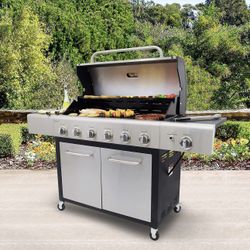 Kenmore 6-Burner Propane Gas BBQ Grill with Side Burner, 73,000 BTUs, Stainless Steel Cabinet Grill with Cast Iron Grates for Outdoor Cooking, Backyar